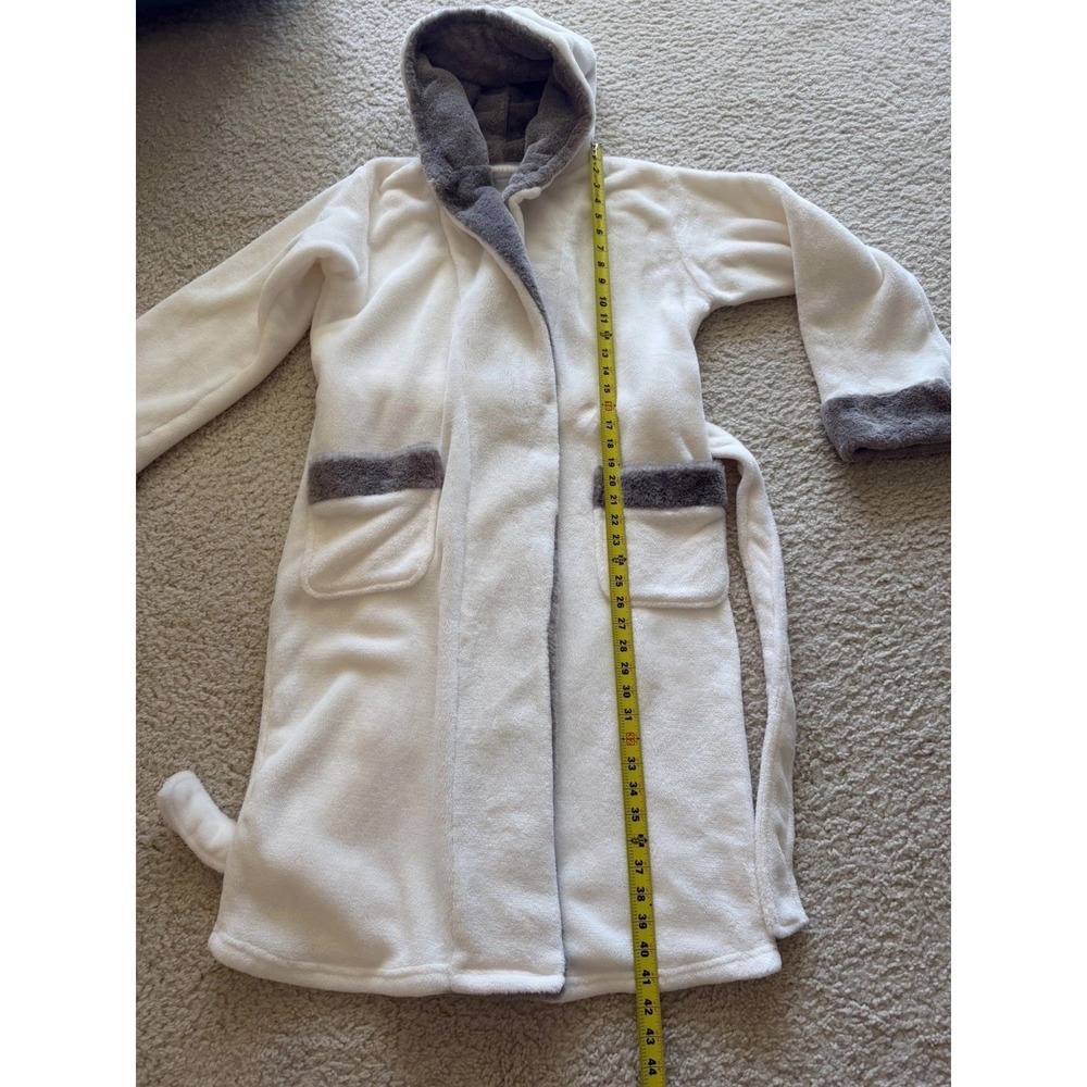 Soft White And Gray Plush Fleece Hooded Robe S/M Women's Fur Trim Belted Pockets - Picture 10 of 13